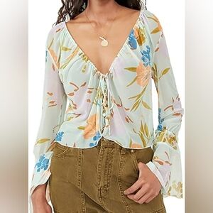 Free People Of Paradise Floral Bell Sleeve Blouse